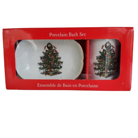 Vintage Christmas Vanity Bathroom Set Soap Dish Tumbler Glass Porcelain Japan - Picture 2 of 12